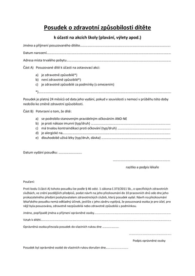 Posudek o zdravotní způsobilosti dítěte